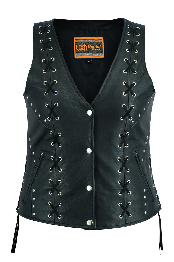 DS234 Women's Open neck Vest with Lacing Details Women's Vests Virginia City Motorcycle Company Apparel 