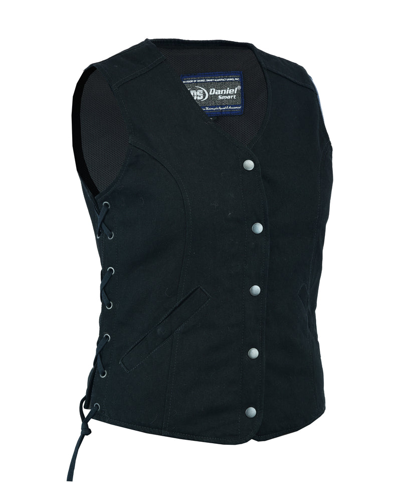 DM908  Women's Denim Longer Body &frac34; Vest - Side Laces Women's Vests Virginia City Motorcycle Company Apparel 