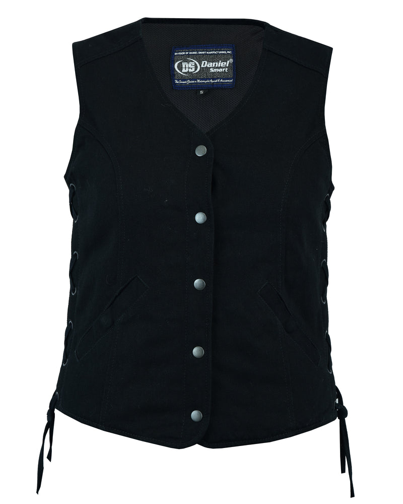 DM908  Women's Denim Longer Body &frac34; Vest - Side Laces Women's Vests Virginia City Motorcycle Company Apparel 