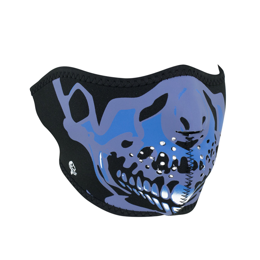 WNFM024H ZAN® Half Mask- Neoprene- Blue Chrome Skull Half Facemasks Virginia City Motorcycle Company Apparel 
