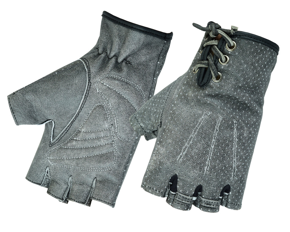 DS74 Women's Washed-Out Gray Perforated Fingerless Glove Women's Fingerless Gloves Virginia City Motorcycle Company Apparel 