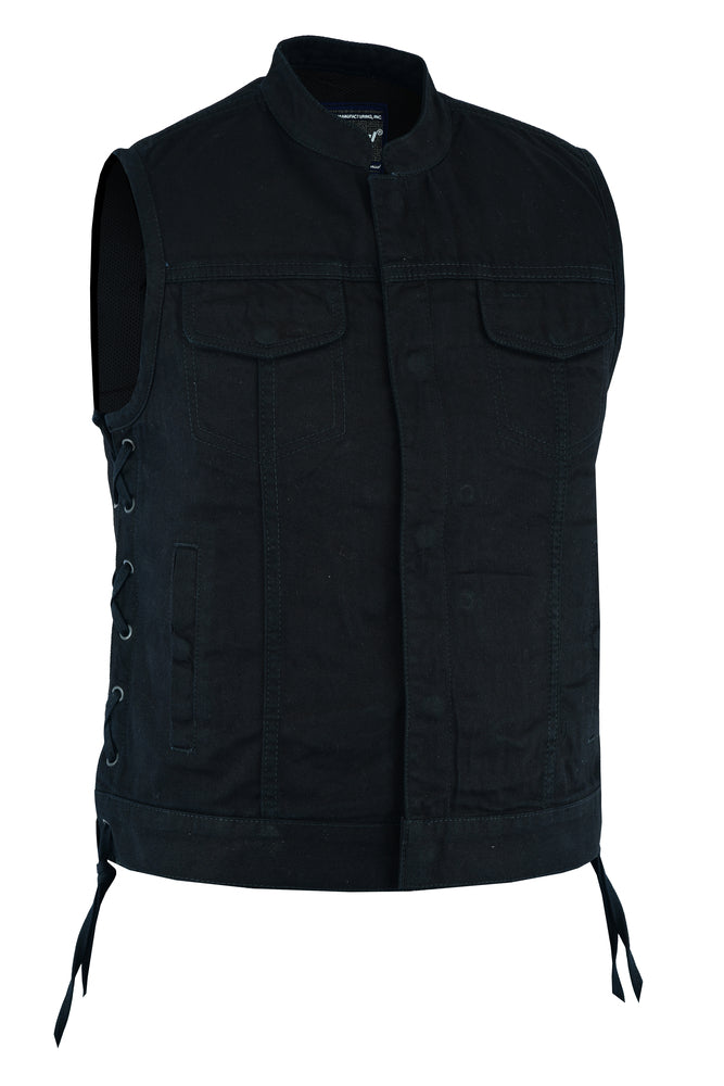 DM986 Women's Advance Side Laces Black Construction Denim Vest Women's Vests Virginia City Motorcycle Company Apparel 