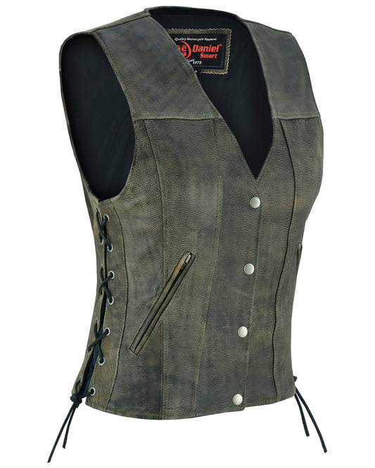 DS207 Women's Antique Brown Single Back Panel Concealed Carry Vest Women's Vests Virginia City Motorcycle Company Apparel 