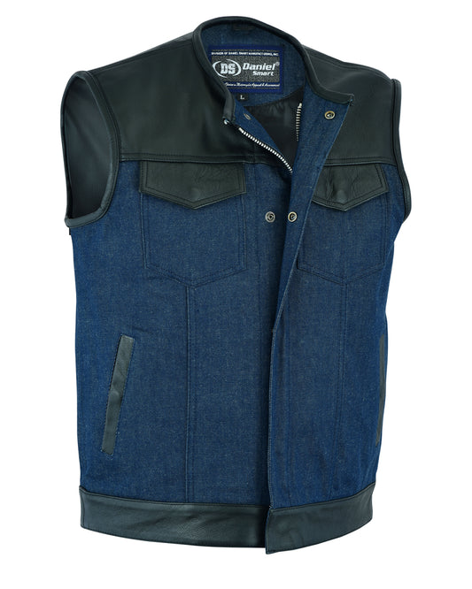 DM933 Men's Leather/Denim Combo Vest (Black/Broken Blue) Men's Vests Virginia City Motorcycle Company Apparel 