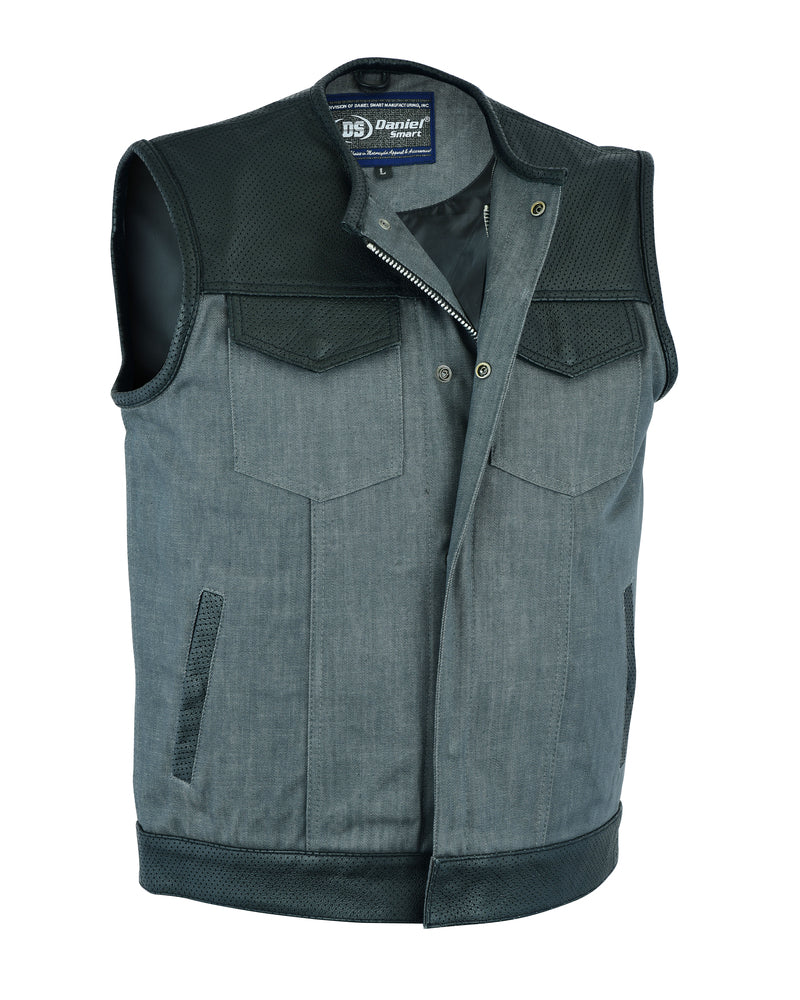 DM934 Men's Perforated Leather/Denim Combo Vest (Black/ Ash Gray) Men's Vests Virginia City Motorcycle Company Apparel 