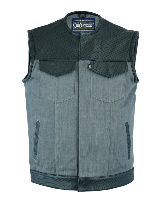 DM934 Men's Perforated Leather/Denim Combo Vest (Black/ Ash Gray) Men's Vests Virginia City Motorcycle Company Apparel 