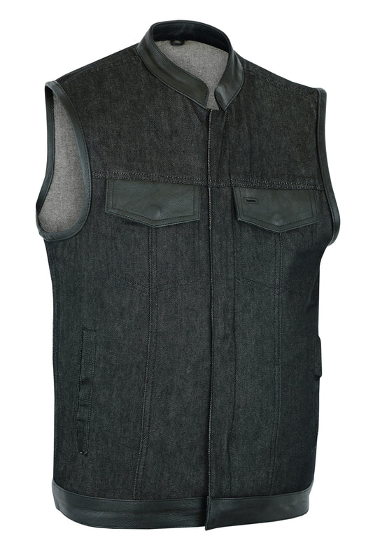 DM962 Men's Rough Rub-Off Raw Finish Denim Vest W/Leather Trim - Scoo Men's Vests Virginia City Motorcycle Company Apparel 