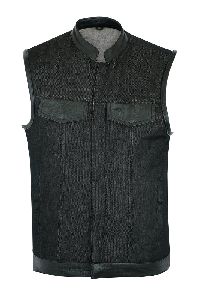 DM962 Men's Rough Rub-Off Raw Finish Denim Vest W/Leather Trim - Scoo Men's Vests Virginia City Motorcycle Company Apparel 