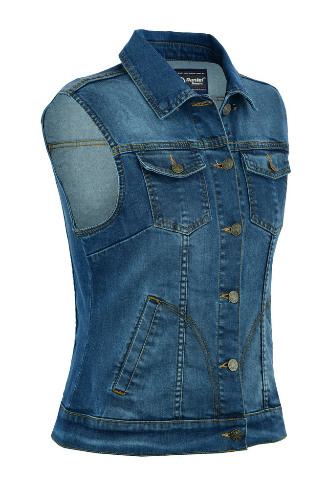 DM943  Women's Blue Denim Snap Front Vest Women's Vests Virginia City Motorcycle Company Apparel 