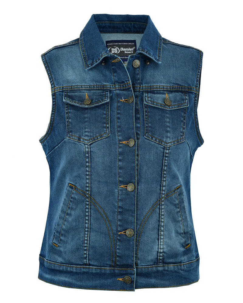 DM943  Women's Blue Denim Snap Front Vest Women's Vests Virginia City Motorcycle Company Apparel 