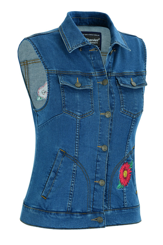 DM944 Women's Blue Denim Snap Front Vest with Red Daisy Women's Vests Virginia City Motorcycle Company Apparel 