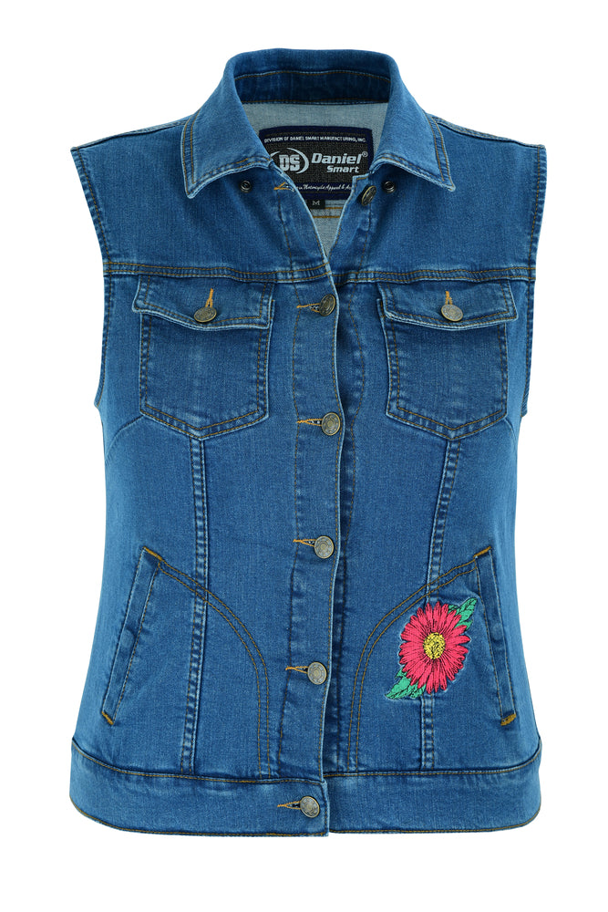 DM944 Women's Blue Denim Snap Front Vest with Red Daisy Women's Vests Virginia City Motorcycle Company Apparel 