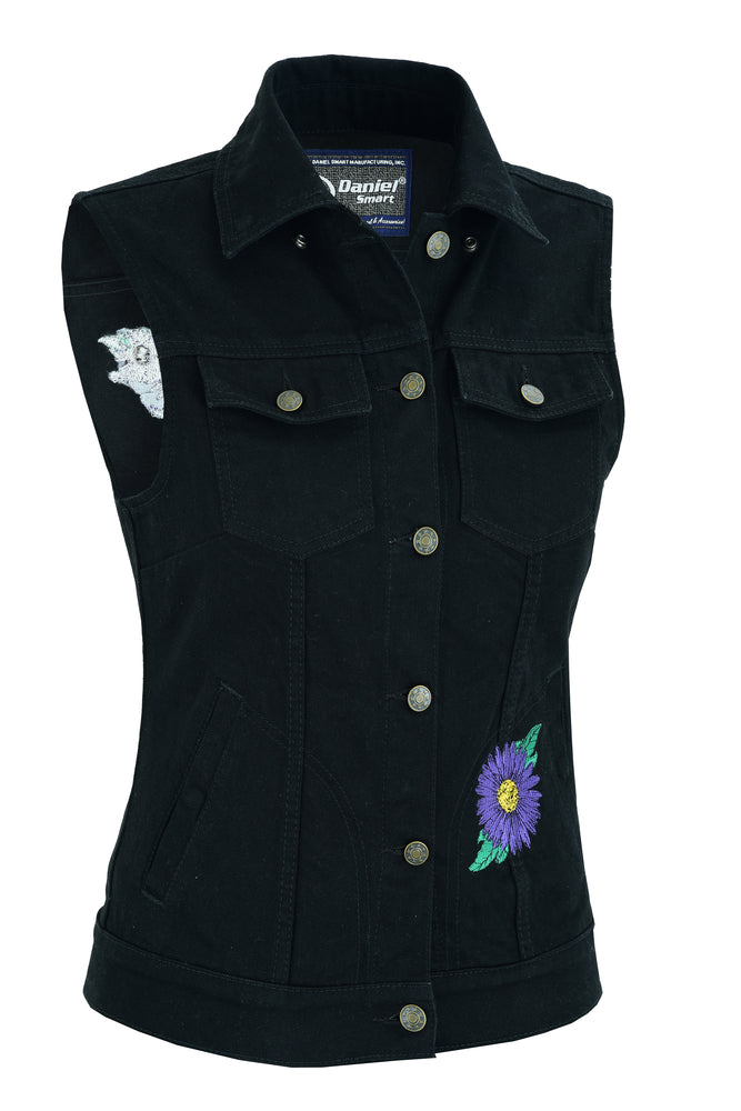 DM945 Women's Black Denim Snap Front Vest with Purple Daisy Women's Vests Virginia City Motorcycle Company Apparel 