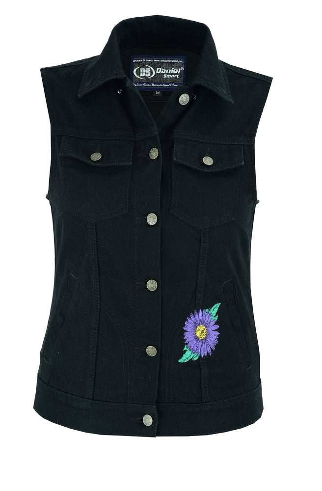 DM945 Women's Black Denim Snap Front Vest with Purple Daisy Women's Vests Virginia City Motorcycle Company Apparel 