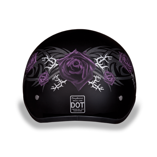 D6-PR D.O.T. DAYTONA SKULL CAP - W/ PURPLE ROSE 1/2 Shell Helmets Virginia City Motorcycle Company Apparel 