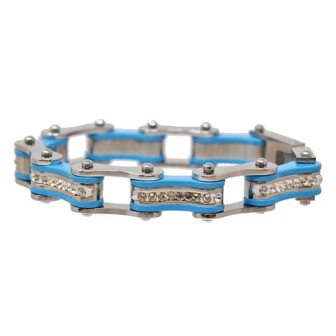 VJ1104 Two Tone Silver/Turquoise W/White Crystal Centers Bracelets Virginia City Motorcycle Company Apparel 