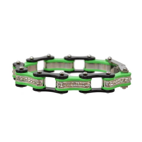 VJ1120 Two Tone Black/Lime Green W/White Crystal Centers Bracelets Virginia City Motorcycle Company Apparel 
