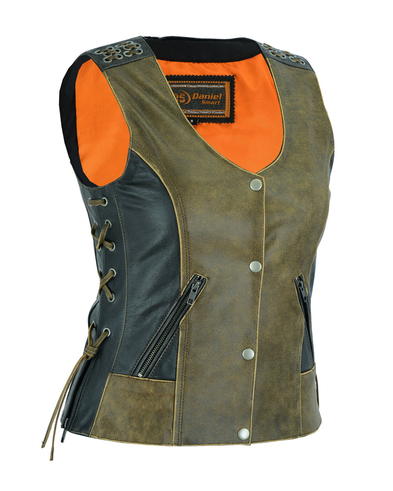 DS298 Women's Vest with Grommet and Lacing Accents - Two Tone Women's Vests Virginia City Motorcycle Company Apparel 