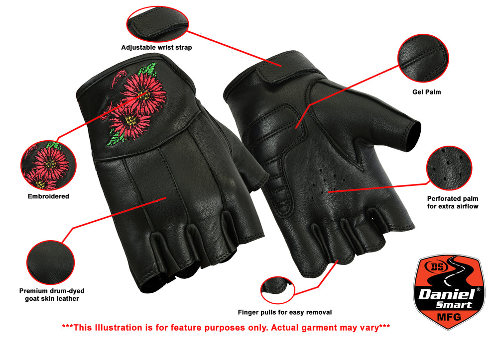 DS36 Women's Embroidered Fingerless Glove Women's Fingerless Gloves Virginia City Motorcycle Company Apparel 