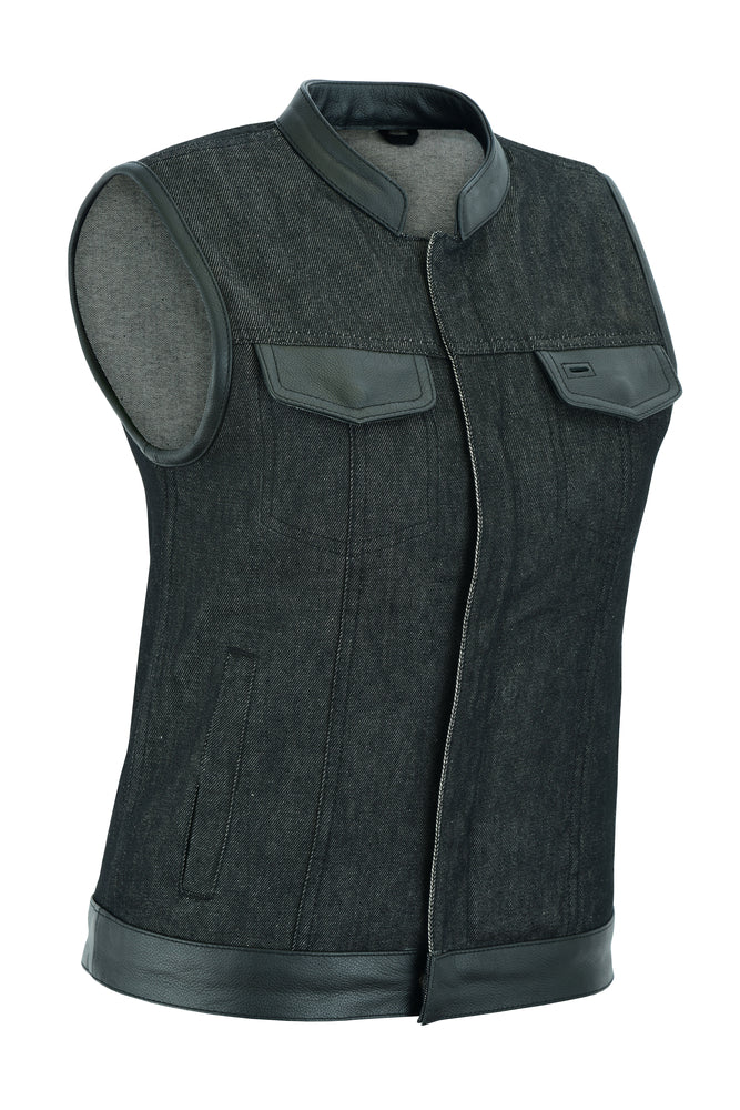 DM963 Women's Rough Rub-Off Raw Finish Denim Vest W/Leather Trim Women's Vests Virginia City Motorcycle Company Apparel 