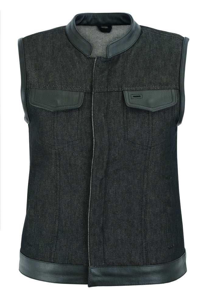 DM963 Women's Rough Rub-Off Raw Finish Denim Vest W/Leather Trim Women's Vests Virginia City Motorcycle Company Apparel 