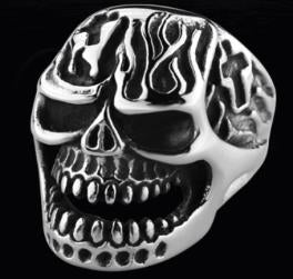 R122 Stainless Steel Fire Face Skull Biker Ring Rings Virginia City Motorcycle Company Apparel 