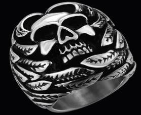 R141 Stainless Steel Feather Face Skull Biker Ring Rings Virginia City Motorcycle Company Apparel 