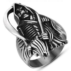 R161 Stainless Steel Grim Reaper Skull Biker Ring Rings Virginia City Motorcycle Company Apparel 