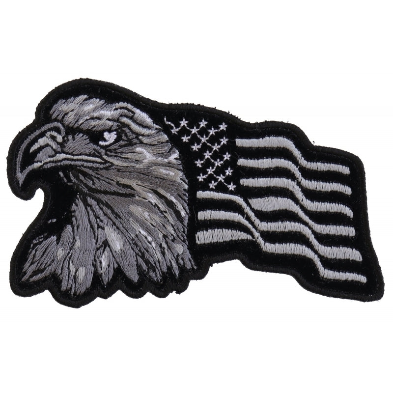 P3960 Eagle With Waving Flag Black Silver Patriotic Iron on Patch Patches Virginia City Motorcycle Company Apparel 