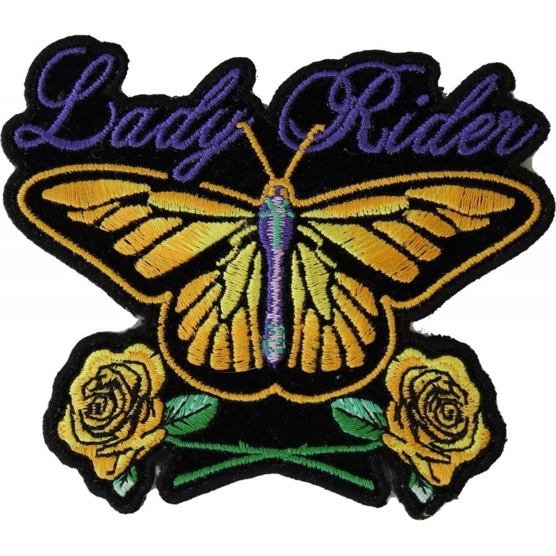 P3945 Lady Rider Butterfly With Yellow Roses Small Iron on Patch Patches Virginia City Motorcycle Company Apparel 