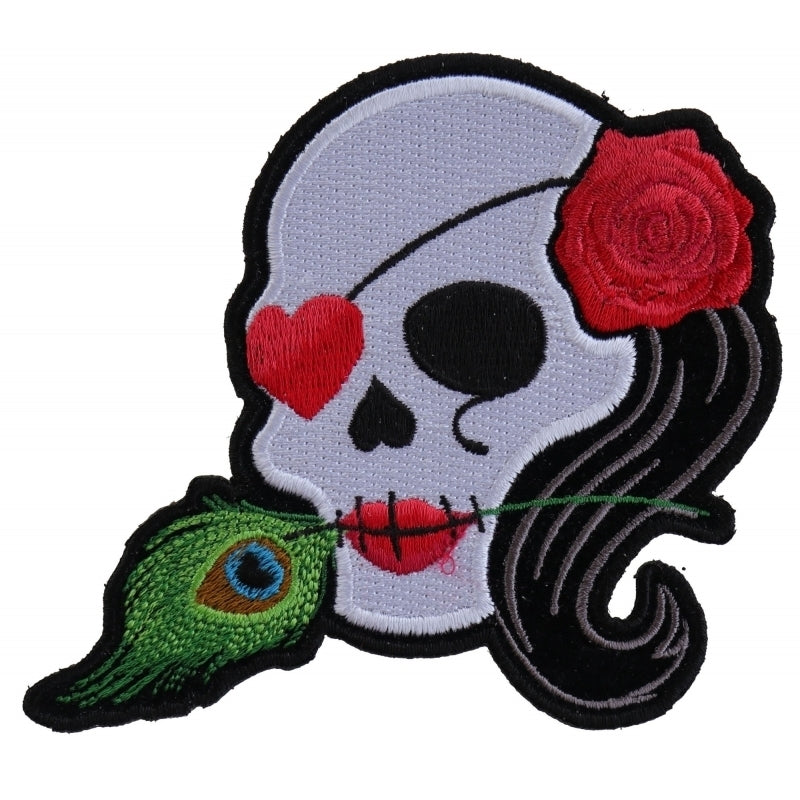 P5145 Lady Sugar Skull With Pink Rose and Feather Small Patch Patches Virginia City Motorcycle Company Apparel 