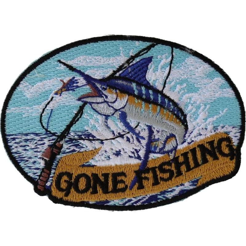 P4513 Marlin Gone Fishing Small Patch Patches Virginia City Motorcycle Company Apparel 