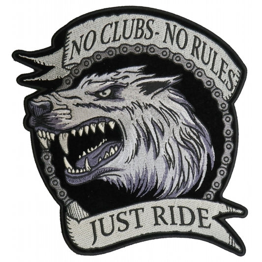 PL6138 No Clubs No Rules Just Ride Wolf Embroidered Iron on Biker Bac Patches Virginia City Motorcycle Company Apparel 