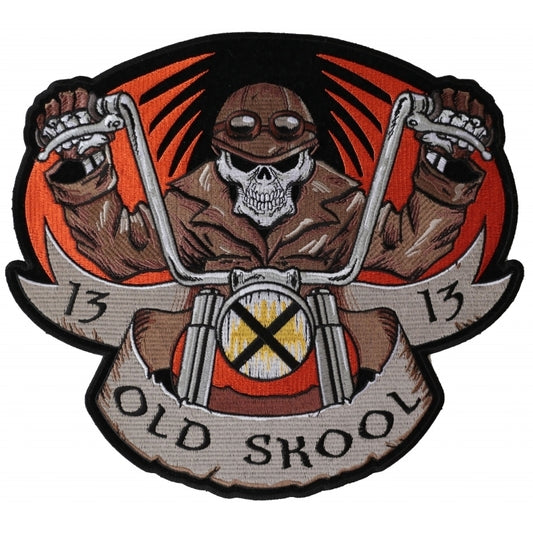 PL6037 Old Skool Motorcycle Skull Embroidered Iron on Biker Patch Patches Virginia City Motorcycle Company Apparel 