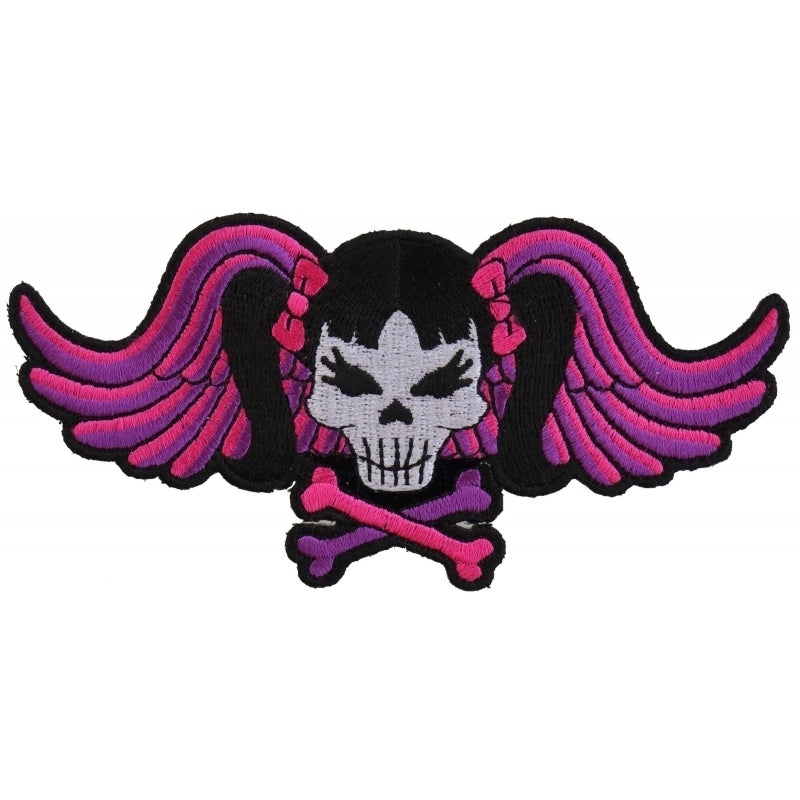 P3419 Pigtails Bow Skull and Wings Small Pink Patch Patches Virginia City Motorcycle Company Apparel 
