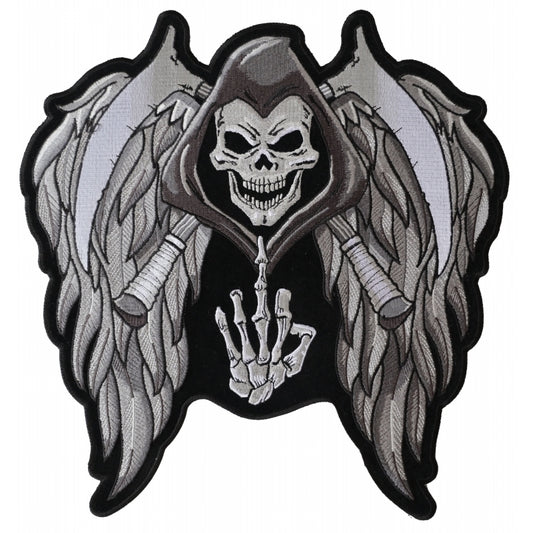PL5144 Reaper Wings Scythe Middle Finger Embroidered Iron on Patch Patches Virginia City Motorcycle Company Apparel 