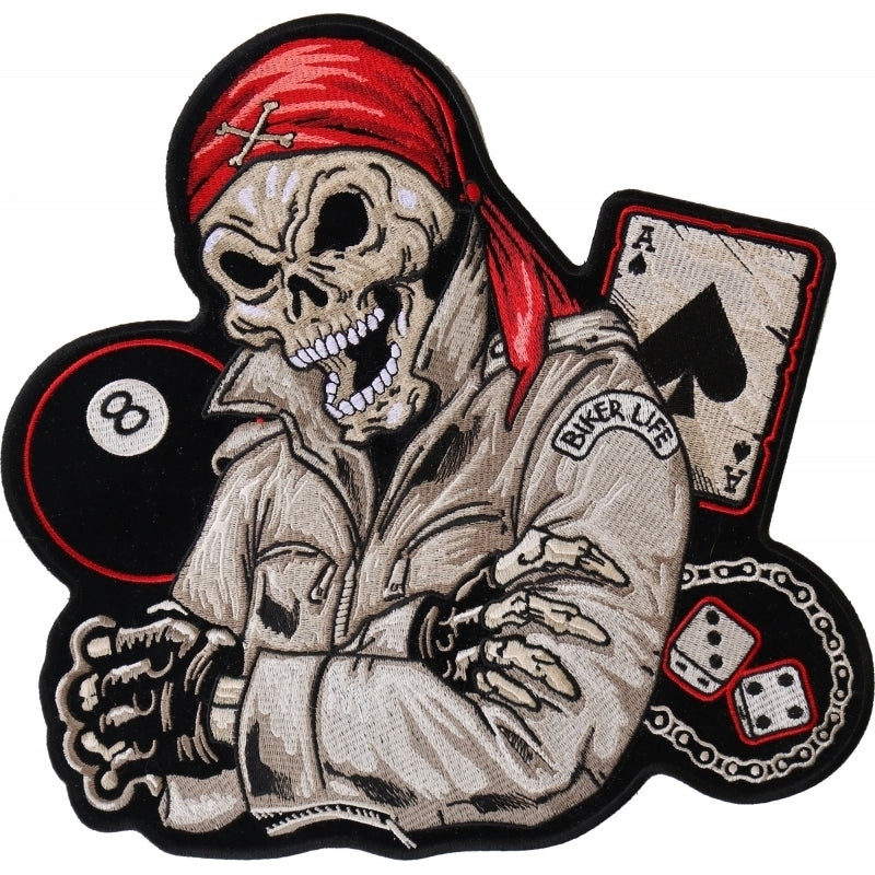 PL4247 Red Bandana Skull 8 Ball Ace of Spades Embroidered Iron on Bik Patches Virginia City Motorcycle Company Apparel 