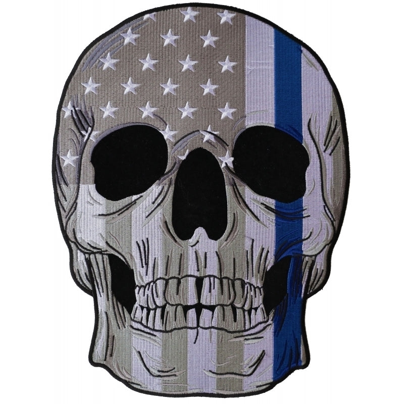 PL5995 Thin Blue Line Police Flag Skull Embroidered Iron on Patch Patches Virginia City Motorcycle Company Apparel 