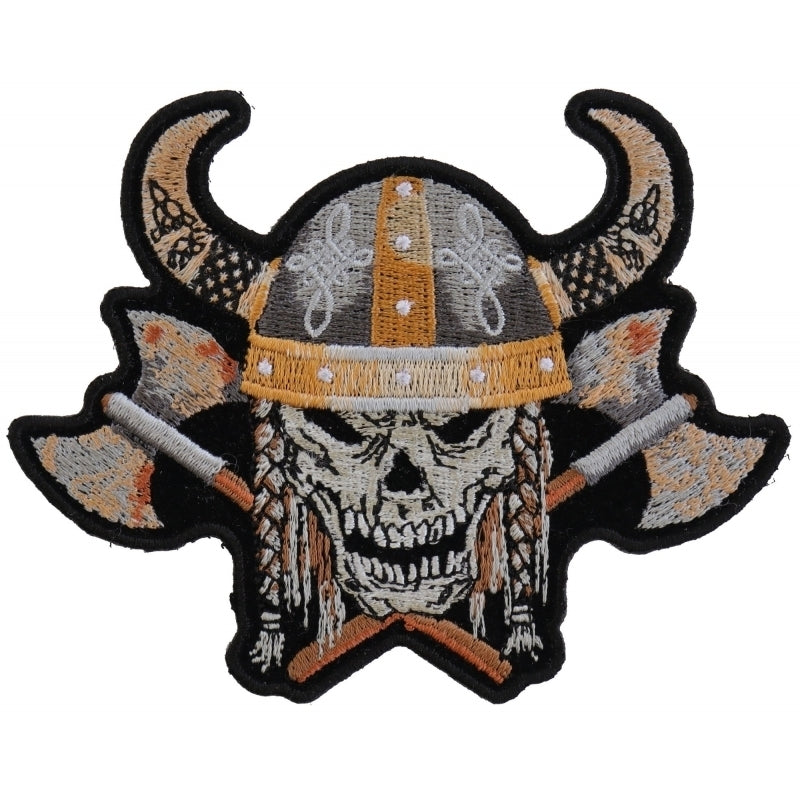 P4955 Viking Skull With Axes and Horn Helmet Small Patch Patches Virginia City Motorcycle Company Apparel 