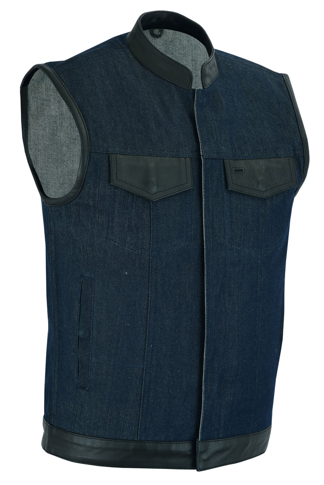 DM961 Men's Broken Blue RoughRub-Off Raw Finish Denim Vest W/Leather Men's Vests Virginia City Motorcycle Company Apparel 