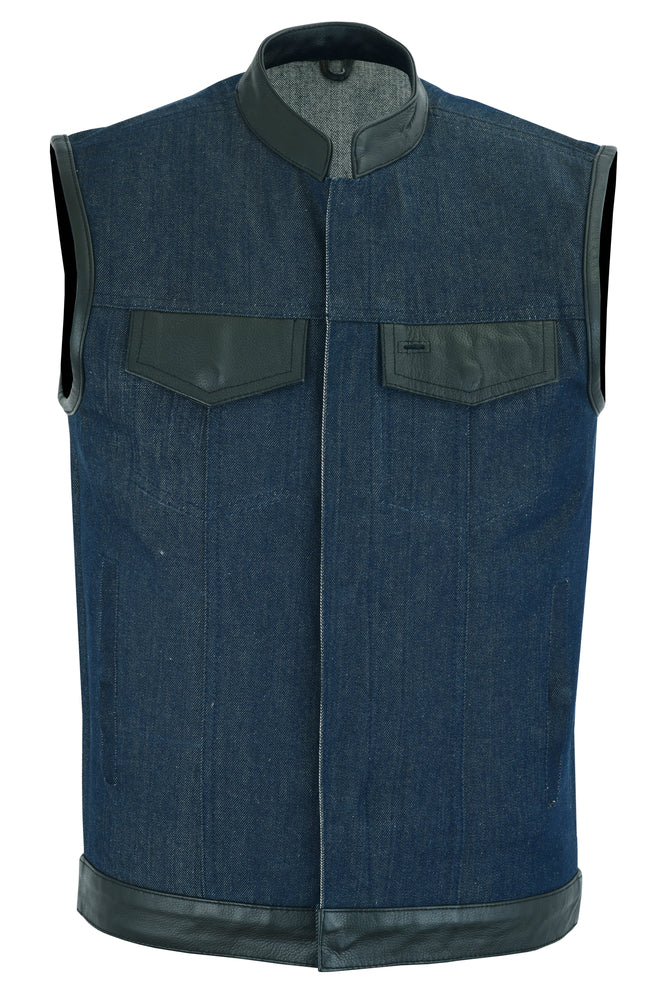 DM961 Men's Broken Blue RoughRub-Off Raw Finish Denim Vest W/Leather Men's Vests Virginia City Motorcycle Company Apparel 