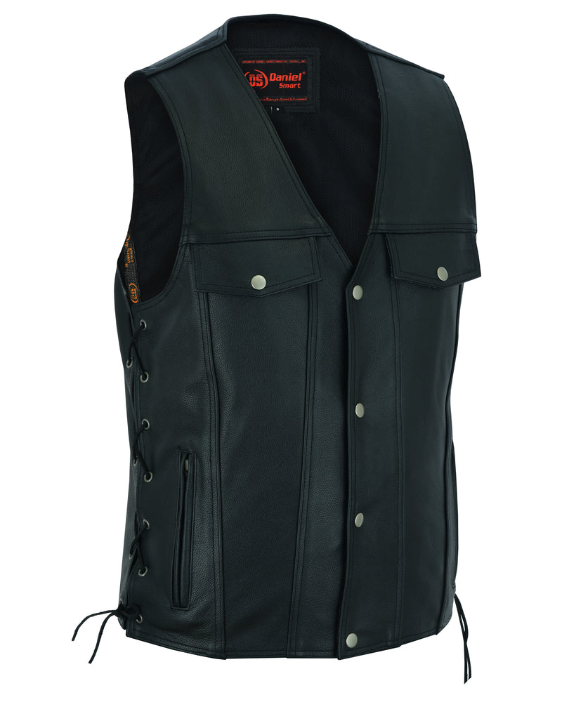 DS124 Men's Black Leather Vest with Side Laces and Gun Pockets Men's Vests Virginia City Motorcycle Company Apparel 