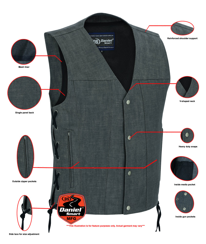 DM918 Men's Rough Rub-Off Raw Finish Broken Gray Denim Vest Men's Vests Virginia City Motorcycle Company Apparel 