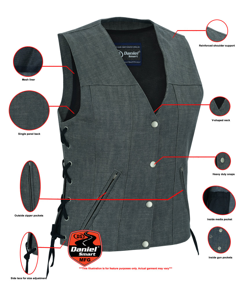 DM919 Women's Rough Rub-Off Raw Finish Broken Gray Denim Vest Women's Vests Virginia City Motorcycle Company Apparel 