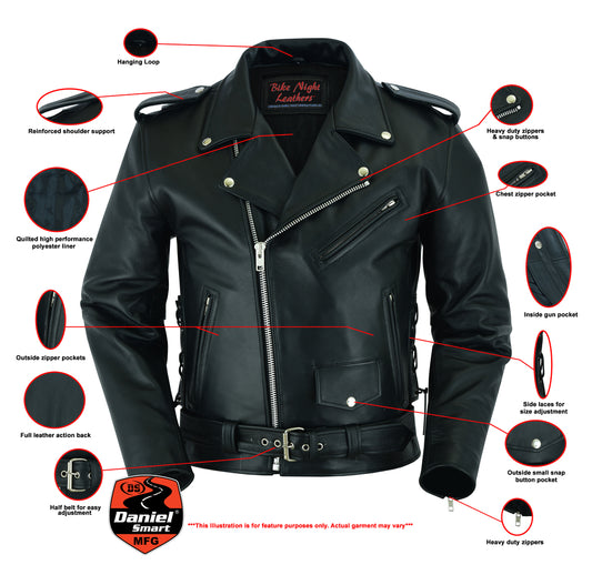 DS711 Economy Motorcycle Classic Biker Leather Jacket - Side Laces Men's Leather Motorcycle Jackets Virginia City Motorcycle Company Apparel 