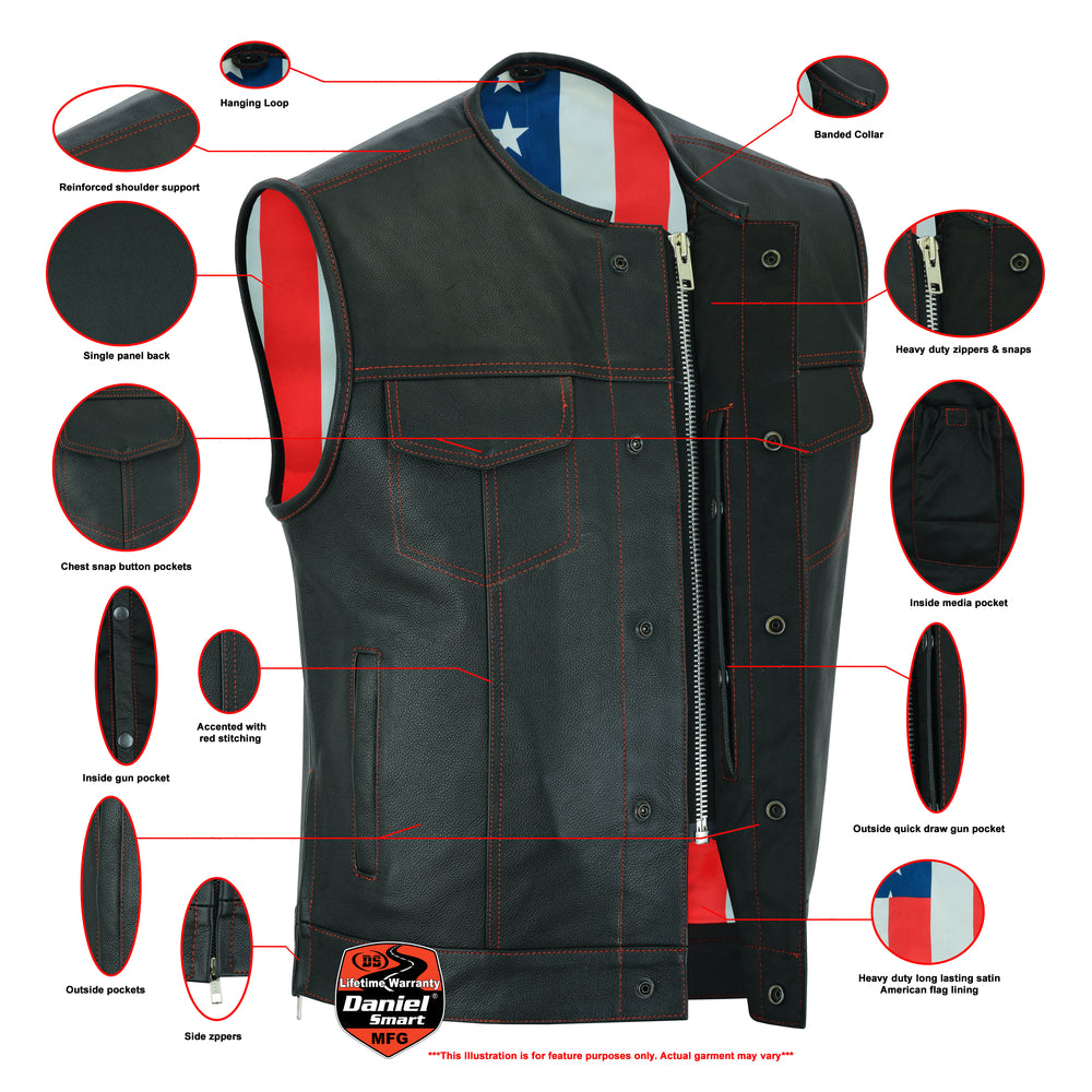 DS155 Men's Leather Vest with Red Stitching and USA Inside Flag Linin Men's Vests Virginia City Motorcycle Company Apparel 