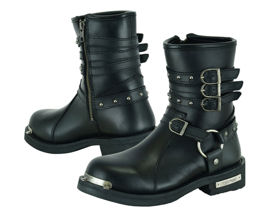 DS9767 Women's 9 Inch Black Triple Buckle Leather Harness Boot Women's Motorcycle Boots Virginia City Motorcycle Company Apparel 