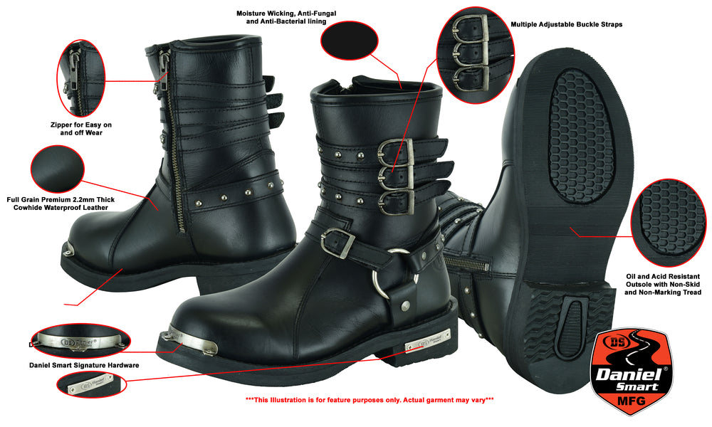 DS9767 Women's 9 Inch Black Triple Buckle Leather Harness Boot Women's Motorcycle Boots Virginia City Motorcycle Company Apparel 