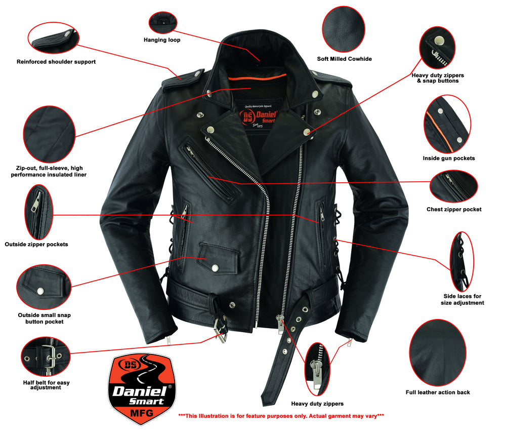 DS831 Women's Classic Side Lace Police Style M/C Jacket Women's Leather Motorcycle Jackets Virginia City Motorcycle Company Apparel 