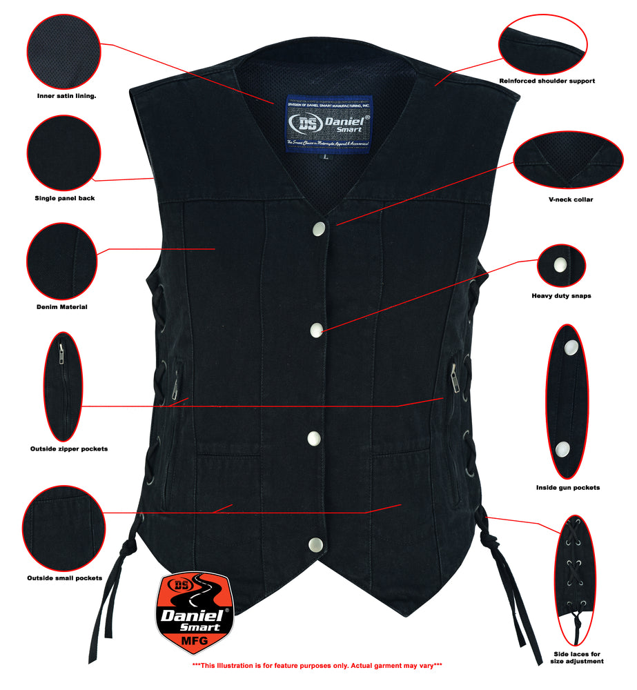 DM947 Women's 6 Pocket Denim Utility Vest - Black Women's Vests Virginia City Motorcycle Company Apparel 